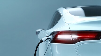 Naklejka premium White electric car charging on a background with copy space, a banner design. Close-up of the well-designed tail light of an electric vehicle. The body of a futuristic white and black electronic car.