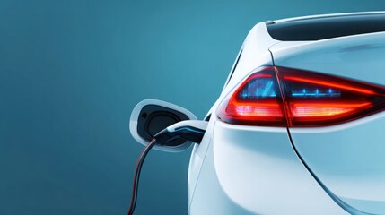 White electric car charging on a background with copy space, a banner design. Close-up of the well-designed tail light of an electric vehicle. The body of a futuristic white and black electronic car.