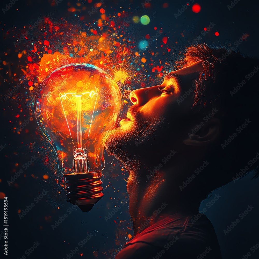 Poster Man with creative light bulb, explosion of ideas, glowing mind, brainstorming for solutions, smart brain, generative AI  high resolution   for isolate image