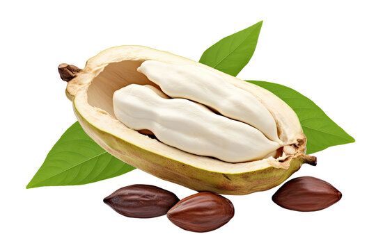 Close up of shea fruit cut open with shea nuts and green leaves on a black background studio shot