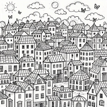 Coloring Book City Scene - Printable Outline Illustration