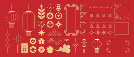 Happy Chinese New Year 2026 element vector set. Year of the horse design. Lanterns, firework, corner, frame, pattern, cloud, coin, flower icons of Asian Lunar New Year holiday decoration.