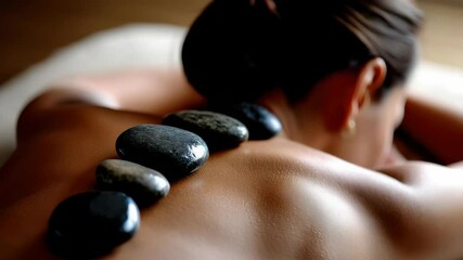 Woman receiving hot stone massage treatment laying on table - Powered by Adobe