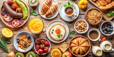 Overhead shot of a breakfast table filled with various foods including fruits pastries coffee and eggs