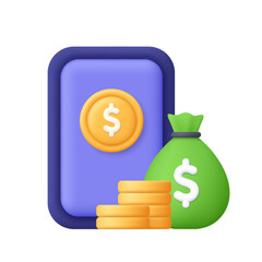 Smartphone with coin, coin stack and money bag. Mobile banking, digital payment, finance concept .3d vector icon. Cartoon minimal style.