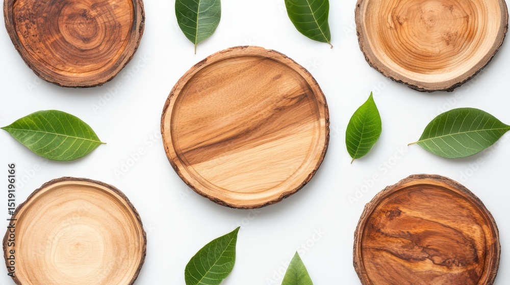 Poster round wooden slices and green leaves arranged on a white background in a flat lay pattern.