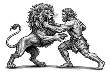 Obraz premium Illustration of Hercules Fighting a Lion in Engraving Style, Black and White image