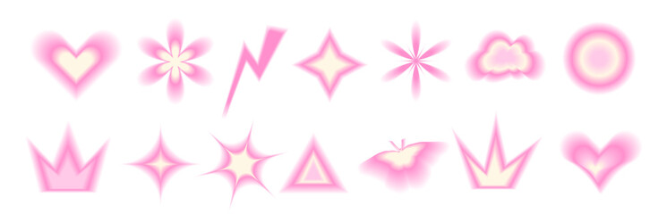 Blur pink pastel gradient shapes set. Y2k retro heart, star and circle, flower. Gradation butterfly, crown icons on white background. Trendy effect with blurry texture. Vector illustration.