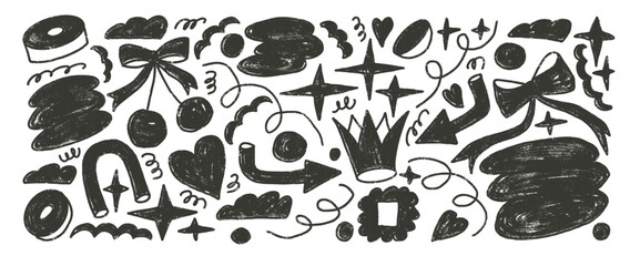 Charcoal drawn silhouette shapes set. Naive girly black doodle figures on white background. Crown, cherry, bow and geometric forms sketch linocut elements. Vector illustration by pencil.