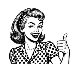 Happy Caucasian retro pinup woman in polka dot dress winking and giving thumbs up in black and white