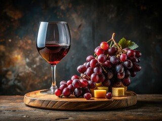 Rustic Charcuterie Board with Wine Glass and Red Grapes in Architectural Photography Style