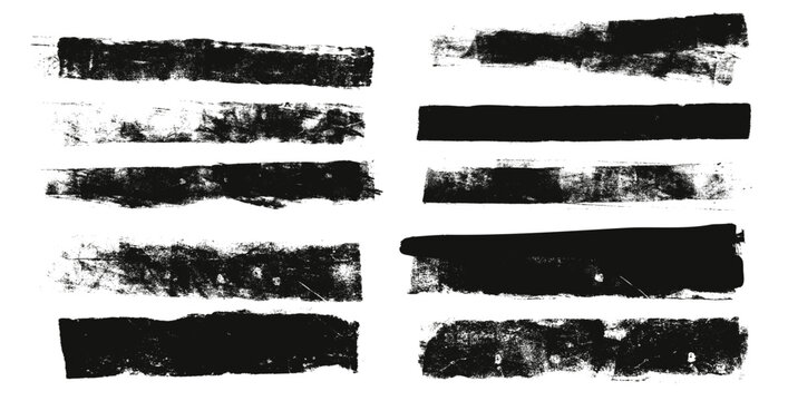 Linocut texture lines. Ink roller long stripes background. Grunge letterpress rectangles. Dry black brayer stroke isolated on white background. Painted relief stains. Vector lino illustration