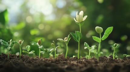 time lapse illustration of a dicot plant growing from seed to flowering stage, showing all key development steps