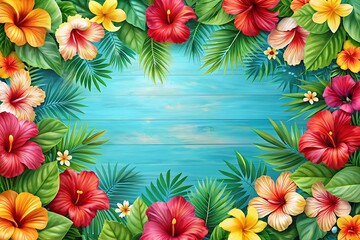 Fototapeta premium Tropical hibiscus flowers and palm leaves frame a light blue wooden background creating a vibrant summer design