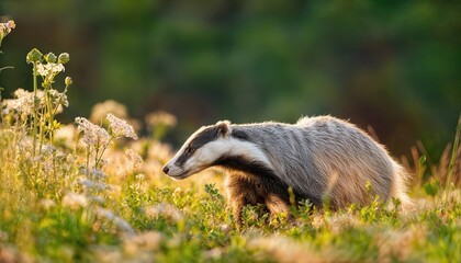 Fototapeta premium Eurasian Badger Basking in Summers Glow Amidst Lush, Vibrant Woodland, Capturing the Serene Majesty of Natures Wild Wonder