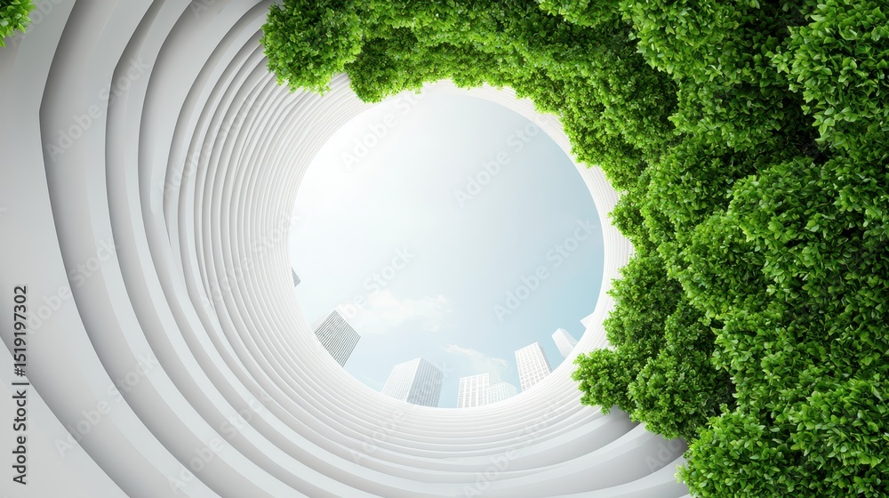 Poster A view looking up through a circular architectural structure with green foliage and distant skyscrapers against a blue sky.