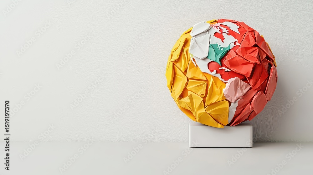 Poster a colorful origami globe made from crumpled paper sits on a white stand against a plain background.