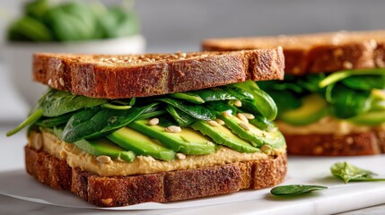 Toasted Whole Wheat Bread Sandwich with Avocado, Hummus, Spinach, and Sunflower Seeds