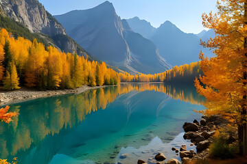Still water reflecting seasonal colours in a remote alpine setting - Drone view of a mountain lake surrounded by autumn trees with golden leaves