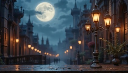 Naklejka premium Victorian street lamp diy diamond painting kit, aged bronze and deep burgundy, gothic romance, moonlit atmospheric lighting, historical grandeur, dramatic storytelling, evocative