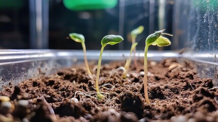 dicot seedlings sprouting from soil with visible two cotyledons and early root development
