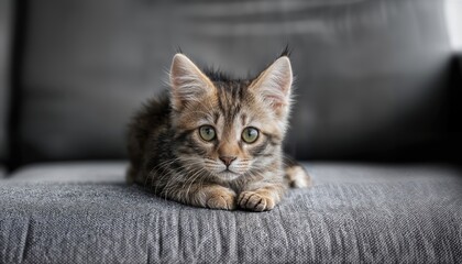 Playful Tabby Cat Lounging in Grey Lounge, Snuggled on Textured Sofa, Framed by Soft Light and Warm Hues, Showcasing a Serene Mood at Home.