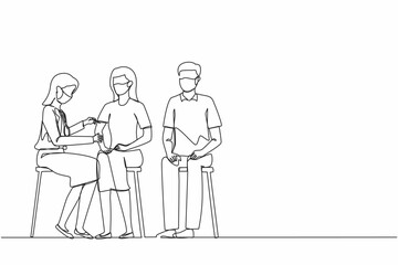 Single continuous line drawing female doctor wearing mask at clinic giving woman vaccine against coronavirus. Immunity, immunization, covid vaccine. One line draw graphic design vector illustration