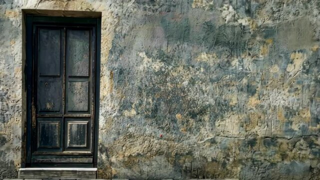 Old weathered wall with dark door on a cobblestone street, architecture. Rustic background, texture.