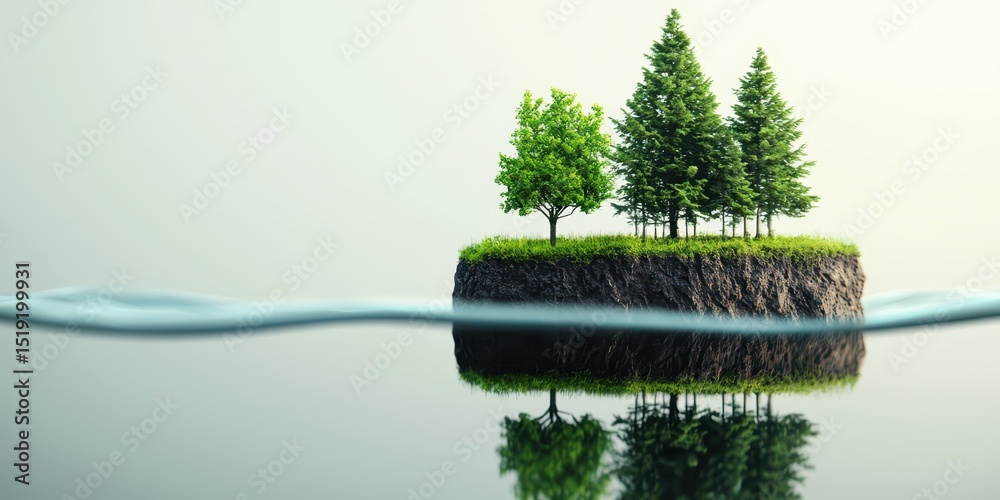 Poster A small floating island with green trees is reflected in calm water, creating a serene and minimalist natural scene.