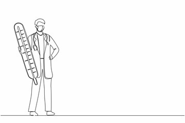 Continuous one line drawing therapist doctor with mask on his face carry thermometer in the hospital. Male nurse or doctor in medical outfit with stethoscope. Single line draw design vector graphic