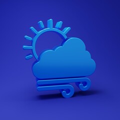 Blue Windy weather icon isolated on blue background. Cloud with sun and wind. Minimalism concept. 3D render illustration