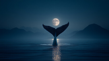 満月と海に浮かぶクジラの尾