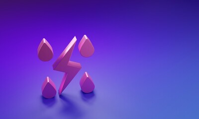 Pink Storm icon isolated on purple-blue background. Drop and lightning sign. Weather icon of storm. Minimalism concept. 3D render illustration