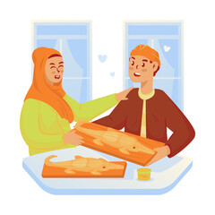 A man giving crocodile bread of Betawi culture to his girlfriend vector illustration