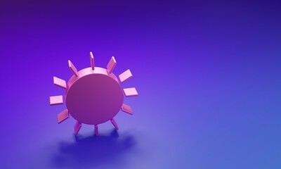 Pink Sun icon isolated on purple-blue background. Minimalism concept. 3D render illustration