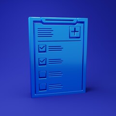 Blue Medical clipboard with clinical record icon isolated on blue background. Health insurance form. Prescription, medical check marks report. Minimalism concept. 3D render illustration