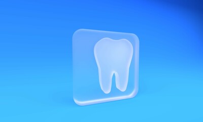 Frosted glass Tooth icon isolated on blue background. Tooth symbol for dentistry clinic or dentist medical center and toothpaste package. Square frosted glass button. 3D render illustration