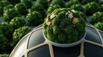 A futuristic dome structure covered with lush greenery and geometric gold elements, set among other similar green domes.