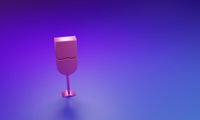 Pink Wine glass icon isolated on purple-blue background. Wineglass icon. Goblet symbol. Glassware sign. Minimalism concept. 3D render illustration