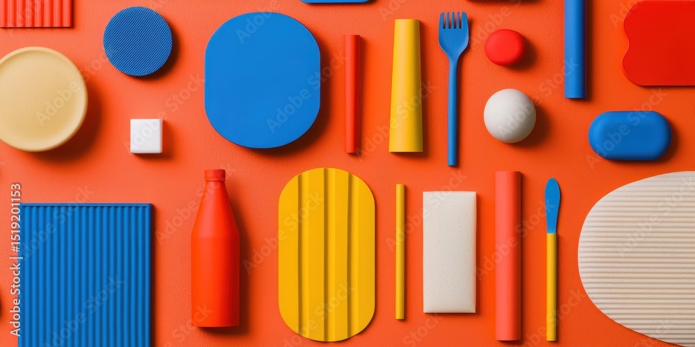 Poster Colorful geometric objects and utensils arranged neatly on a vibrant orange background.