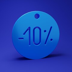 Blue Ten discount percent tag icon isolated on blue background. Shopping tag sign. Special offer sign. Discount coupons symbol. Minimalism concept. 3D render illustration