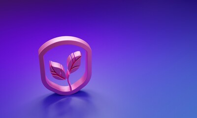 Pink Shield with leaf icon isolated on purple-blue background. Eco-friendly security shield with leaf. Minimalism concept. 3D render illustration