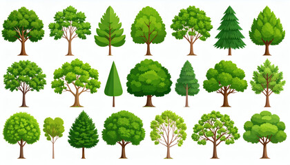 Collection of green trees isolated on white background, natural forest greenery group image