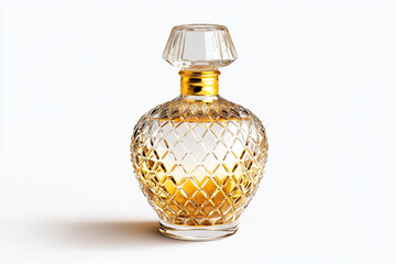 Elegant gold and clear glass perfume bottle with a diamond-patterned design on a white background showcasing luxury fragrance packaging