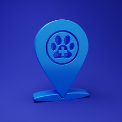 Blue Map pointer with veterinary medicine hospital, clinic or pet shop for animals icon isolated on blue background. Vet or veterinarian clinic. Minimalism concept. 3D render illustration