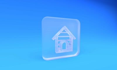 Frosted glass Dog house icon isolated on blue background. Dog kennel. Square frosted glass button. 3D render illustration