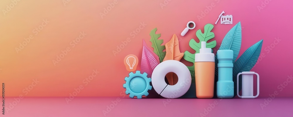 Aufkleber colorful creative objects and leaves arranged on a gradient background, symbolizing innovation and i
