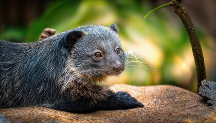 Enigmatic Binturong Encountered in the Twilight of a Zoo Enclosure, Mysterious Creature Illuminated by Soft Glow Amidst Vibrant Tropical Greenery and Exotic Landscaping.