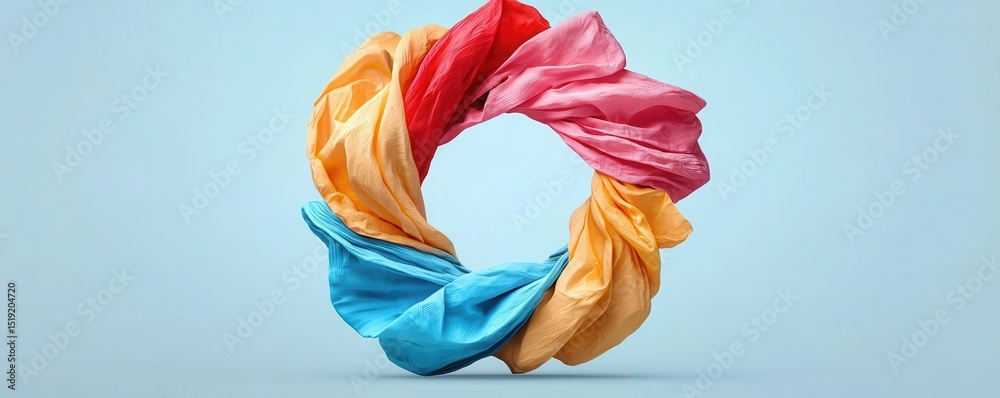 Poster colorful fabrics twisted into a circular shape, floating against a light blue background.