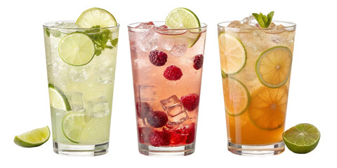 Three vibrant beverages, showcasing a variety of fruit flavors, refreshing drinks, garnished with lime and raspberries, orange and mints on top of it.

